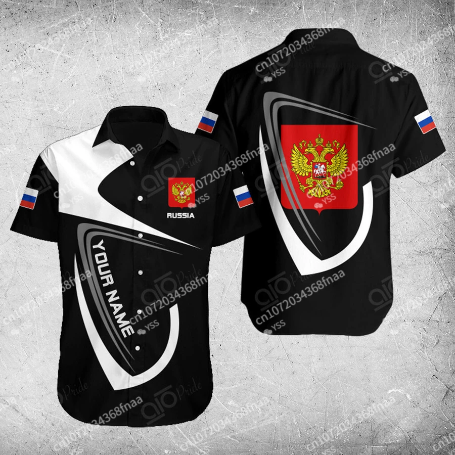 

2023 Latest Russian Short Sleeve Shirt Custom Name Russian Shield Furong Pattern Hawaiian Casual Shirt Men's Clothing