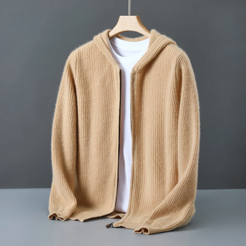 

New Chic Men's Zipper Bamboo Needle Knitted Sweater Autumn Winter 100% Merino Wool Casual Hoodie Cardigan Fashion Wool Coat