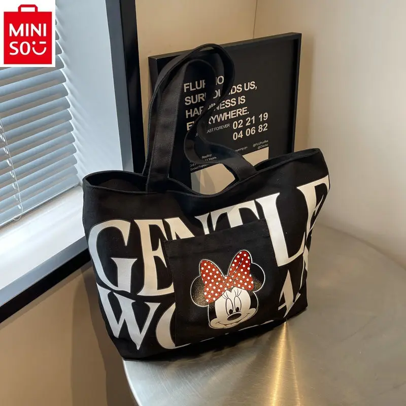 

MINISO 2024 New Cartoon Mickey High Quality Large Capacity Canvas Shoulder Bag Student Fashion Casual Versatile Tote Bag