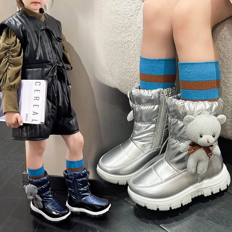 

2025 Kids Anti-Slip Snow Boots, Mid-Calf Warm Winter Boots with Bear Decoration & Cotton Lining for Boys and Girls