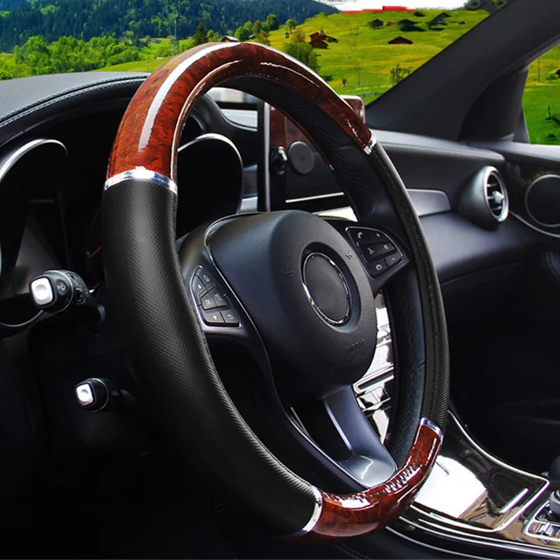 Universal Auto Car Steering Wheel Cover Mahogany Wood Leather Fit 37-38cm Wheel car Steer Wheel Covers Car interior decoration