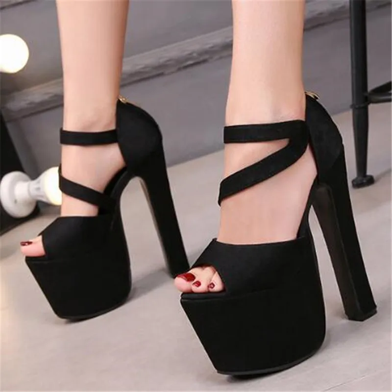 2023 New Summer Shoes Women Open Toe Button Belt Waterproof 17CM Thick High Heels Platform Shoes Flock ZIP Party shoes woman