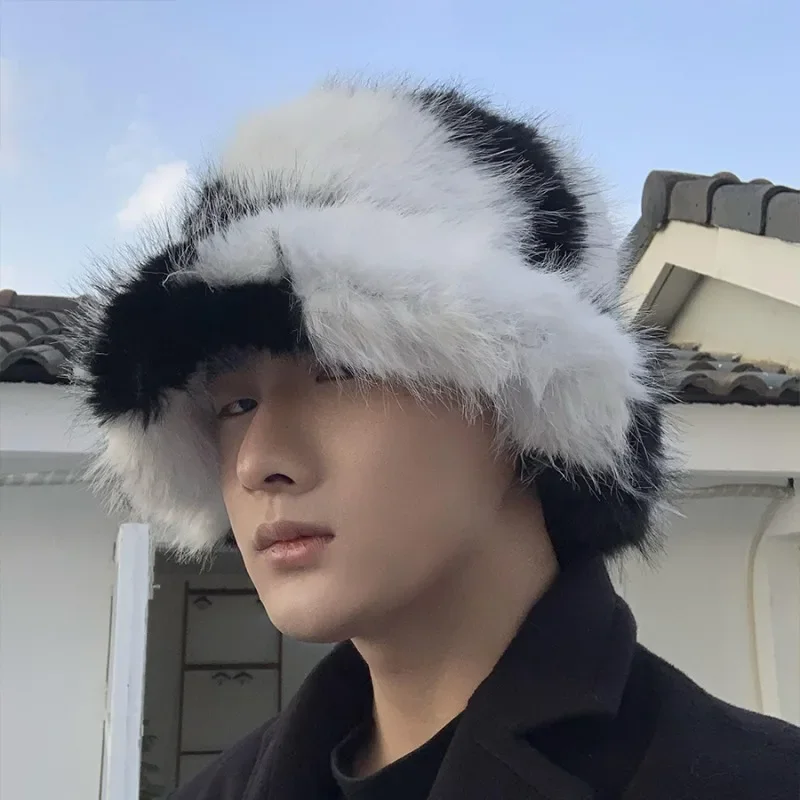 Winter Men Zebra-stripe Faux Fur Bucket Hat Fashion Fluffy Plush Fisherman Hat Bob Women Soft Warm Furry Thick Basin Hats Panama