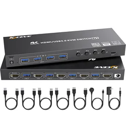 HDMI KVM Switch 4 Computers 4K@60Hz 2K@120Hz, Simulation EDID, 4 Port USB3.0 KVM Switches for 4 PC Share 1 Monitor and Keyboard