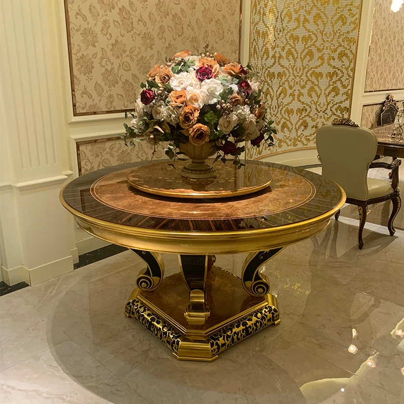 Dining room furniture Italian carved long table round solid wood gold brown bright veneer mosaic table and chair