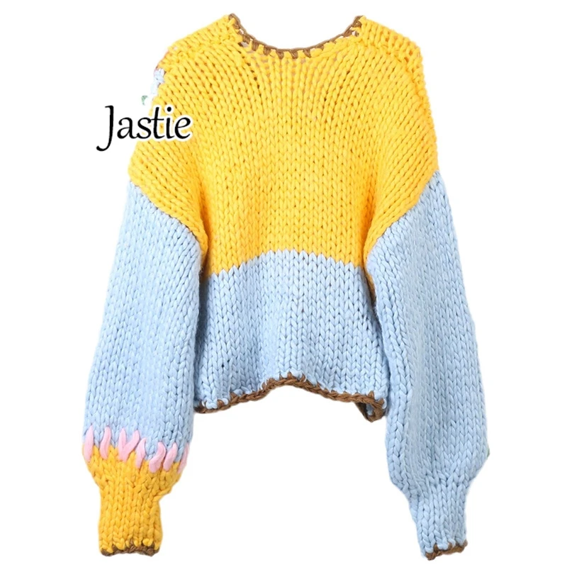 Jastie Three-dimensional Flower Sweater Cardigan 2024 Autumn Winter Women V-neck Long Sleeve Patchwork Sweet Knitted Cardigan