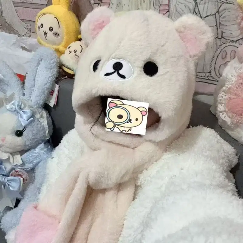 Neue Rilakkuma Winter Drei-Stück Set Hut Schal Handschuhe Integrierte Kapuze Wärme Kälte Widerstand Radfahren Bär Schwester Hut Spielzeug