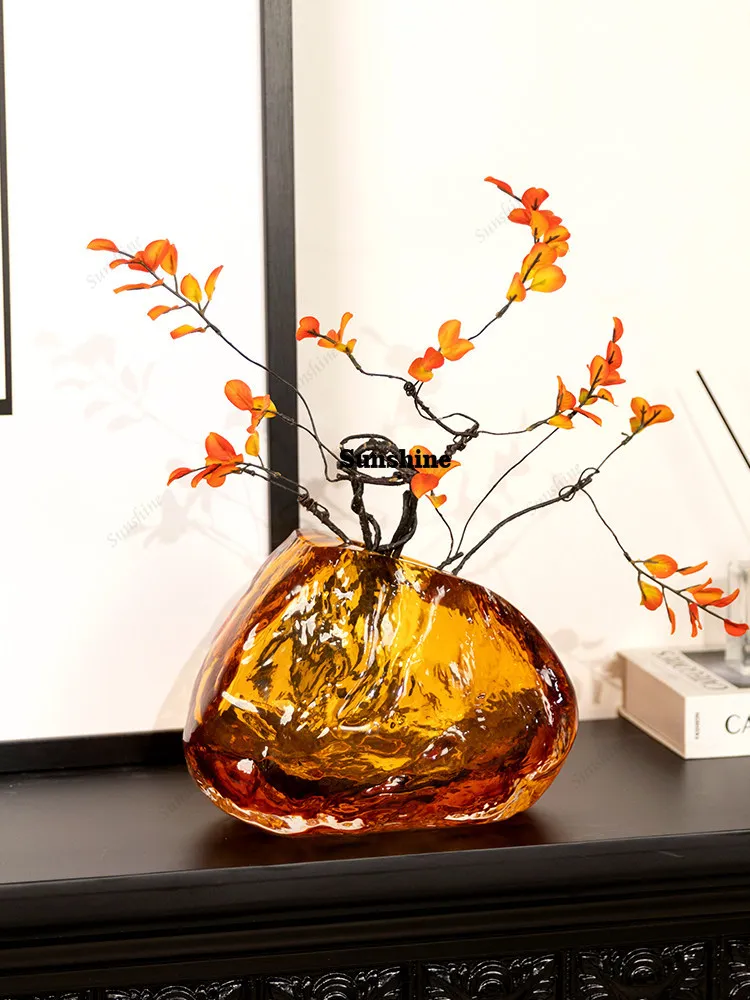 Premium Amber Volcanic Stone Glazed Vase Ornament Living Room Flower Arrangement