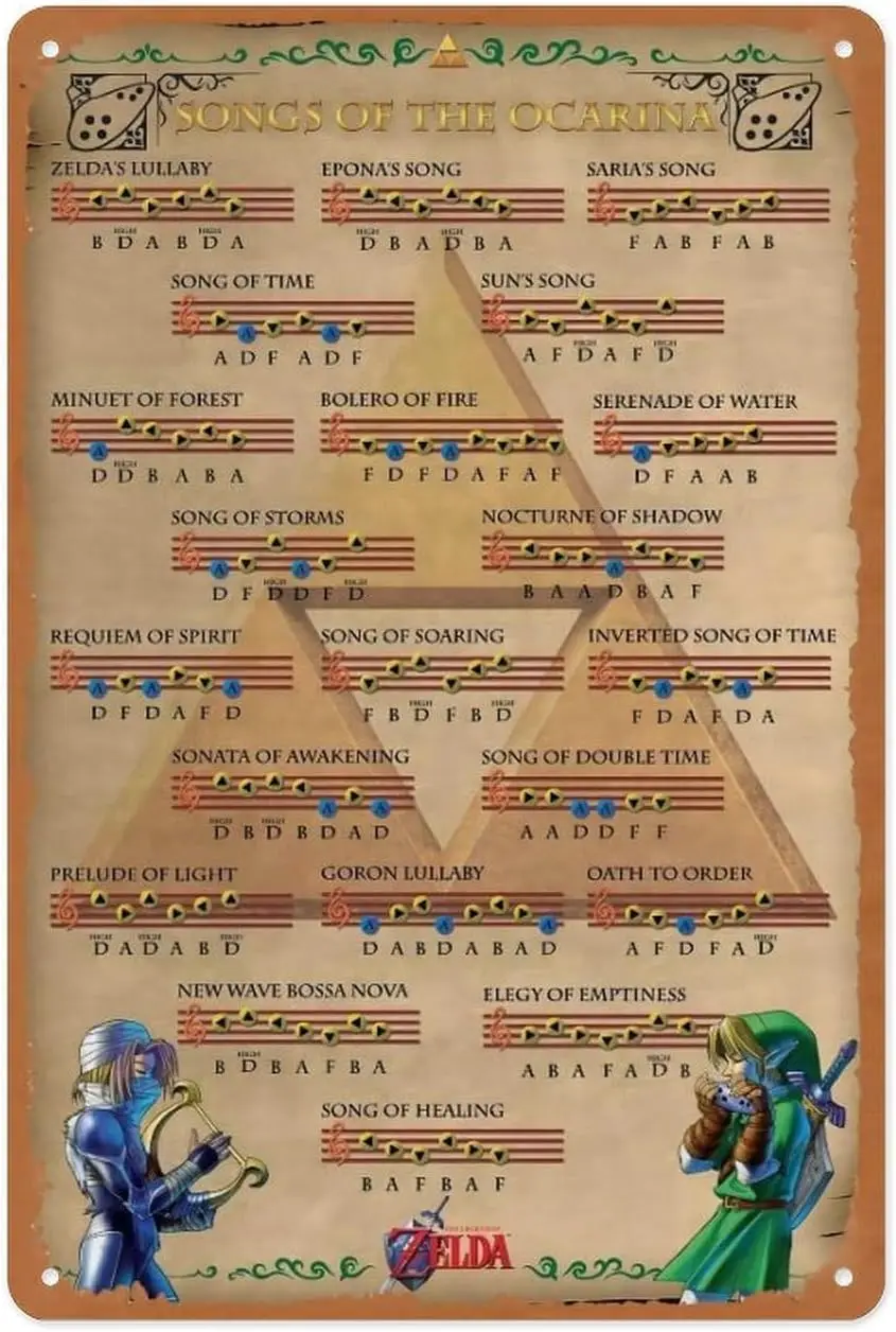MGSGLHURR Sinais de metal Ocarina Of Time Songs Video Game Gaming Cool Wall Decor Art Print Poster