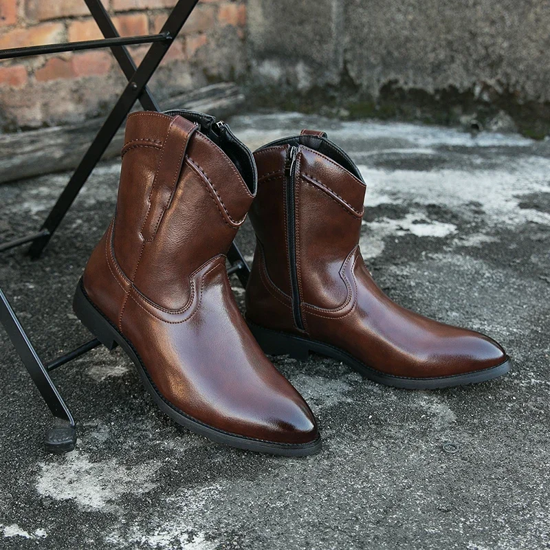 New Arrival Men\'s Cowboy Boots Brown Western Zipper Handmade Ankle Boots for Men Size 38-48 Combat Boots