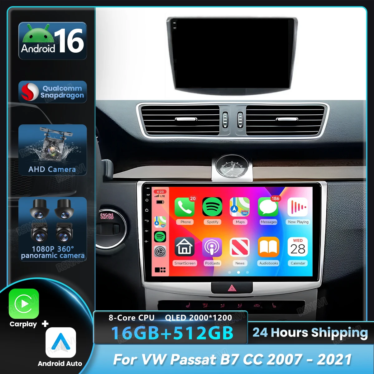 Android 16 Carplay Auto Car Radio For VW Passat B7 CC 2007 2008 - 2021 Autoradio GPS Multimedia Player Stereo 2din BT Snapdragon