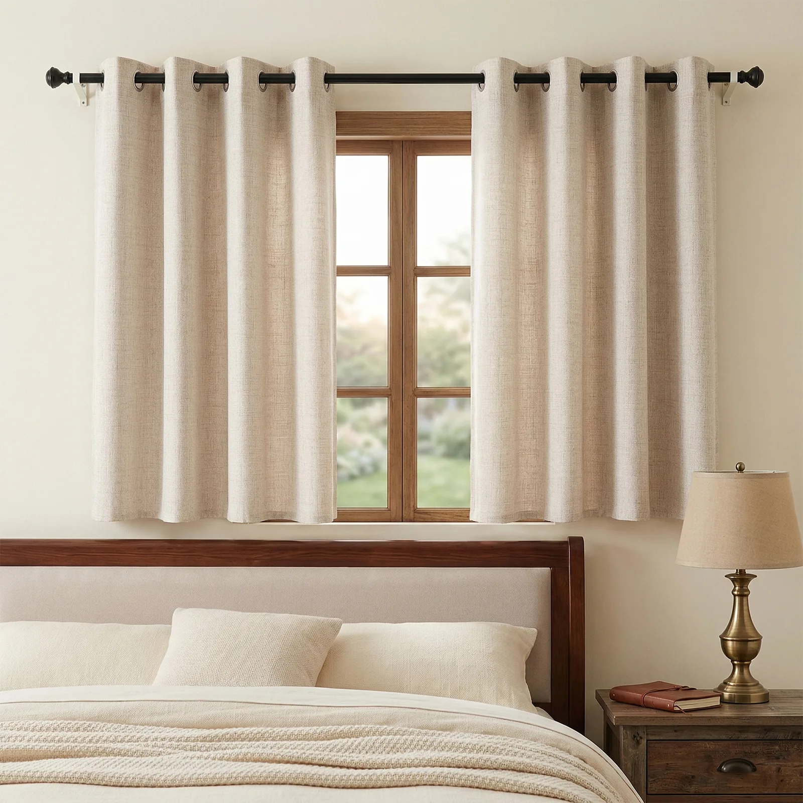 1pc American Linen Curtain for Living Room Bedroom, Semi-Transparent Privacy Pierced Curtain, Korean Style Curtains