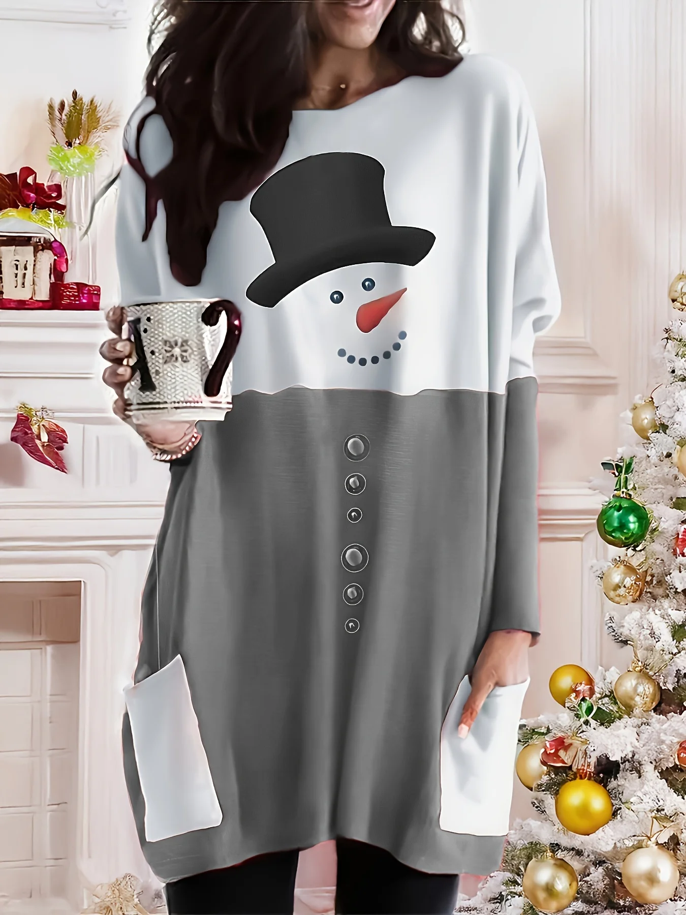 Dulce Xiaofu Otoño e Invierno Edición limitada Vestido casual de manga larga con estampado de muñeco de nieve navideño de talla grande, traje festivo para vacaciones