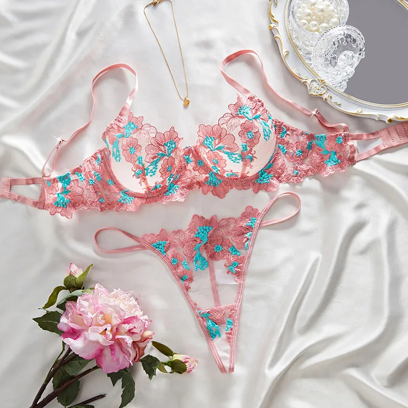 

Sexy Lingerie For Women Pink Floral Erotic Lingerie Transparent Underwear Delicate Embroidery Bra and Panties Sets Mesh Lingerie