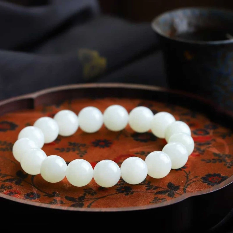 Natural Hotan Jade Russian Old Material Beads, Round and Smooth Jadeite Bracelet