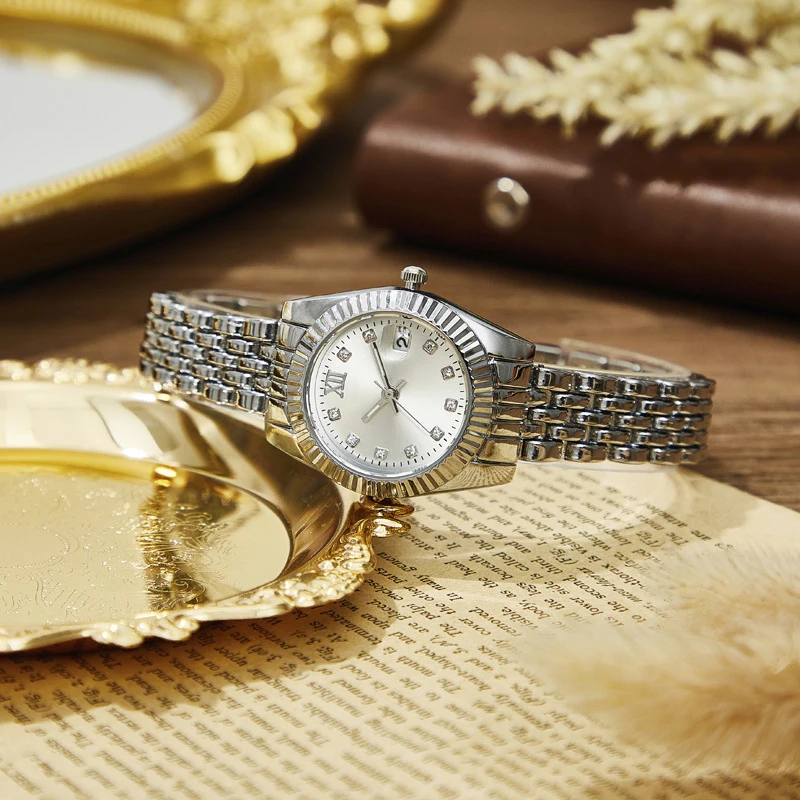 MAYZHISU Women Watch Calendar Light Luxury Retro Women Quartz Wristwatch Female Alloy Strap Business Clock Ladies Watch