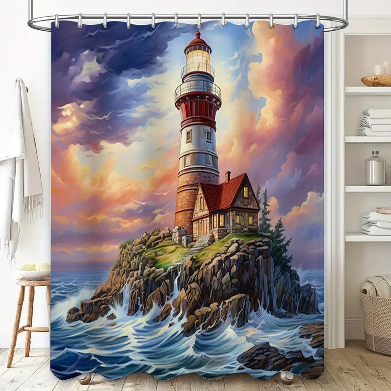 Coastal Lighthouse Print Shower Curtain Waterproof Decorative Home Bathroom Wall Hanging Fabric Bath Tapes