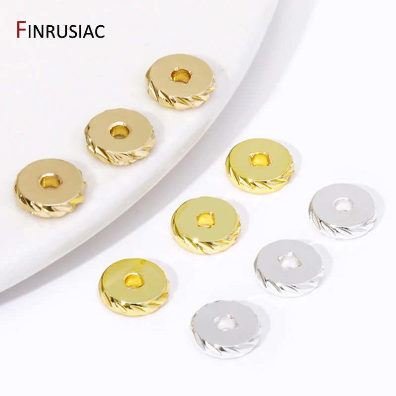 14/18K Gold Plated Brass Texture Flat Spacer Beads,3/4/5/6/8mm Loose Beads for DIY Bracelet Necklace Jewelry Making Accessories