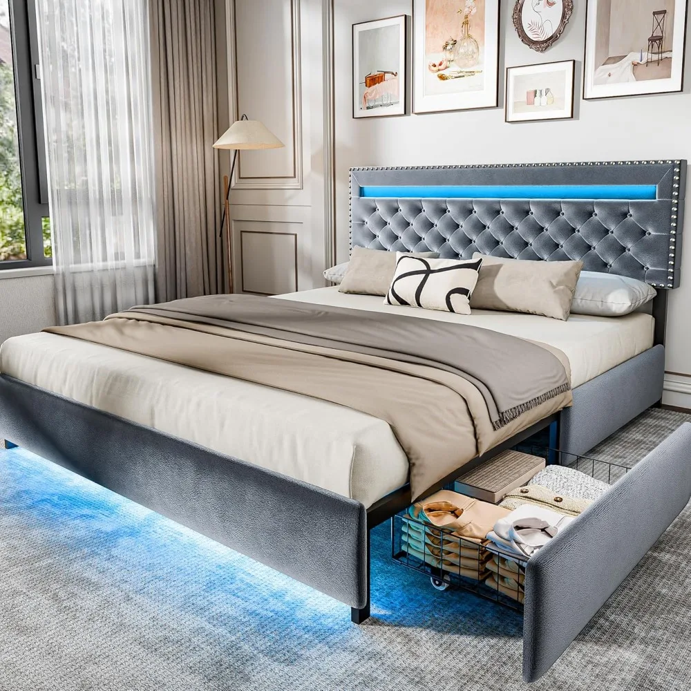 BedsPick Queen Size Bed Frame with LED Lights, Velvet Upholstered Platform Queen Bed Frame with 2 Storage Drawers and Adjustable