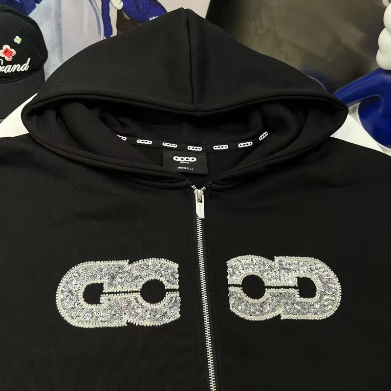 Goodbrand Hoodies American High Street Letter Map Sequins Embroidery Fashion Hooded Sweatshirts Zipper Tops Men's Clothing