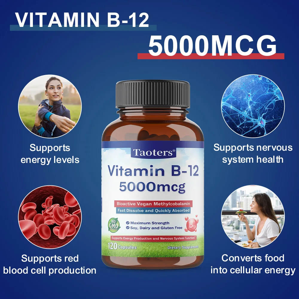 Vitamin B12 Capsules 5000 Mcg Extra Strength - Cell Function, Energy, Mental Clarity, Nervous System, Brain & Heart Support