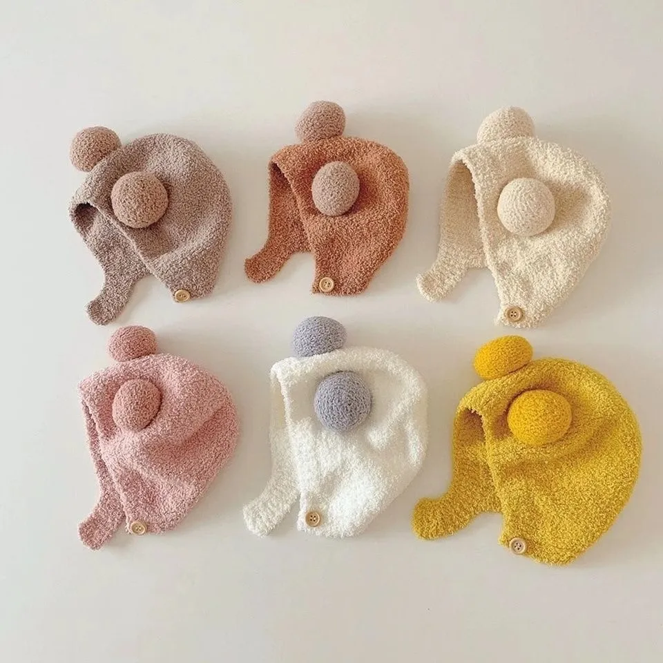 

Милая детская шапка с двойным помпоном, защитная шапка для ушей для малышей, зимние теплые шапки с наушниками для маленьких мальчиков и девочек