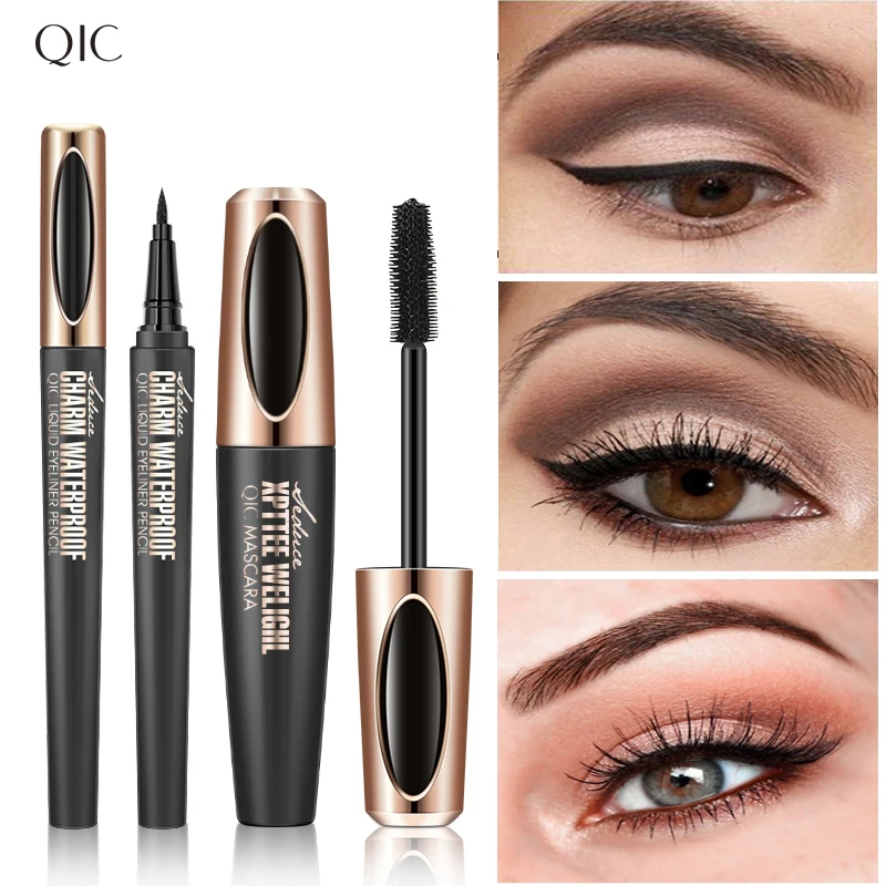 QIC Mascara with Eyeliner Combo Black Slim Drawing Line Smooth Definition Long Lasting Waterproof Eye Makeup 2 Pcs Set