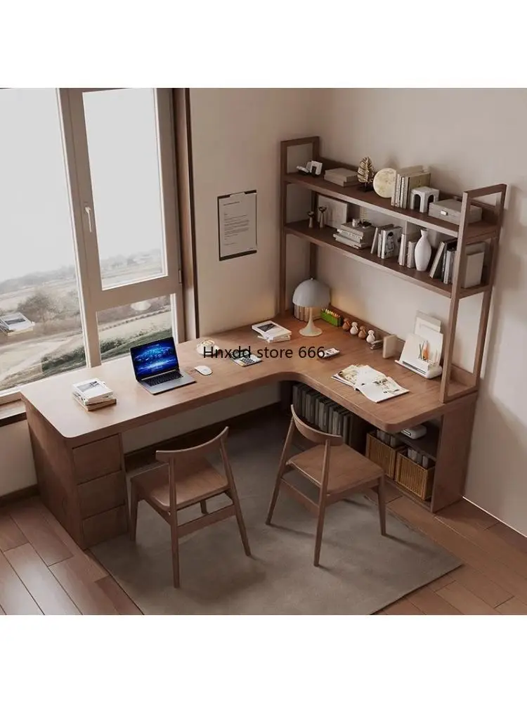 Solid wood corner desk bookshelf integrated L-shaped double computer desk