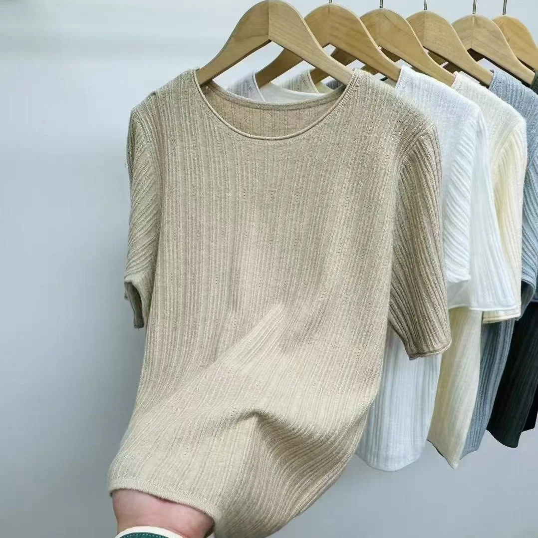 

Women's Fashionable Mid-Sleeve Knitwear Slim Fit Thin Long Sleeve Round Neck T-Shirt Black Base Short Sleeve Base Layer Top