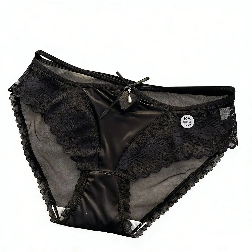 Sweet Low Waist Lace Panties Satin Silk Briefs Underwear for Women Transparent Cotton Crotch Mesh Lace Briefs Comfortable