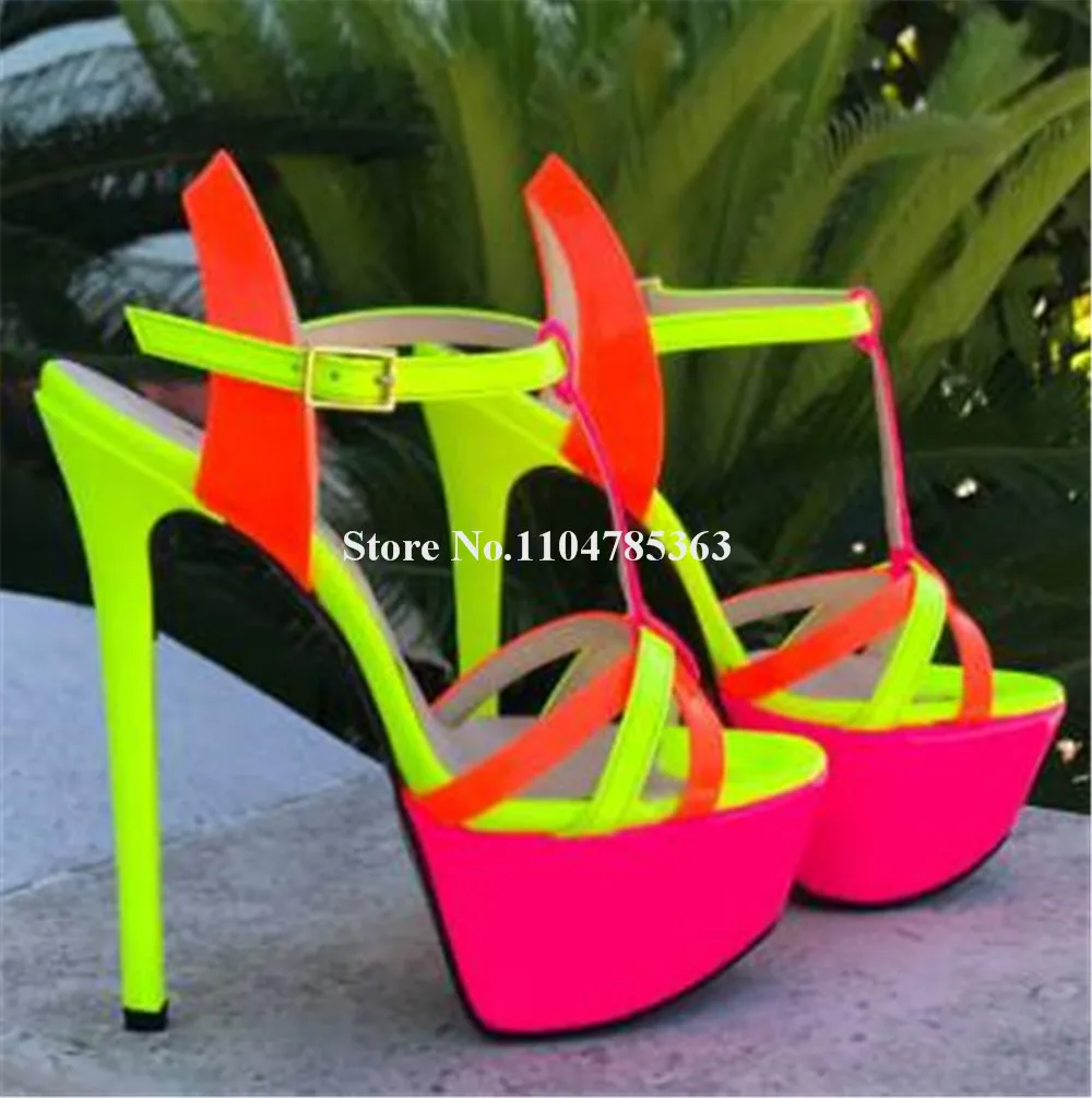 Mode Patchwork Riemen Kreuz Stiletto Heel Sandalen Offene spitze Gelb Orange Patent Leder Hohe Plattform Dünne Ferse Party Heels