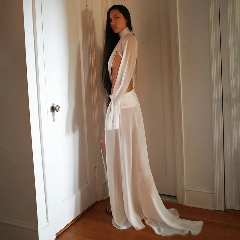 

Женский белый прозрачный сетчатый комплект из 2 предметов, водолазка, расклешенная асимметричная блузка с длинными рукавами, топ + макси-юбки с рюшами и разрезом, костюмы