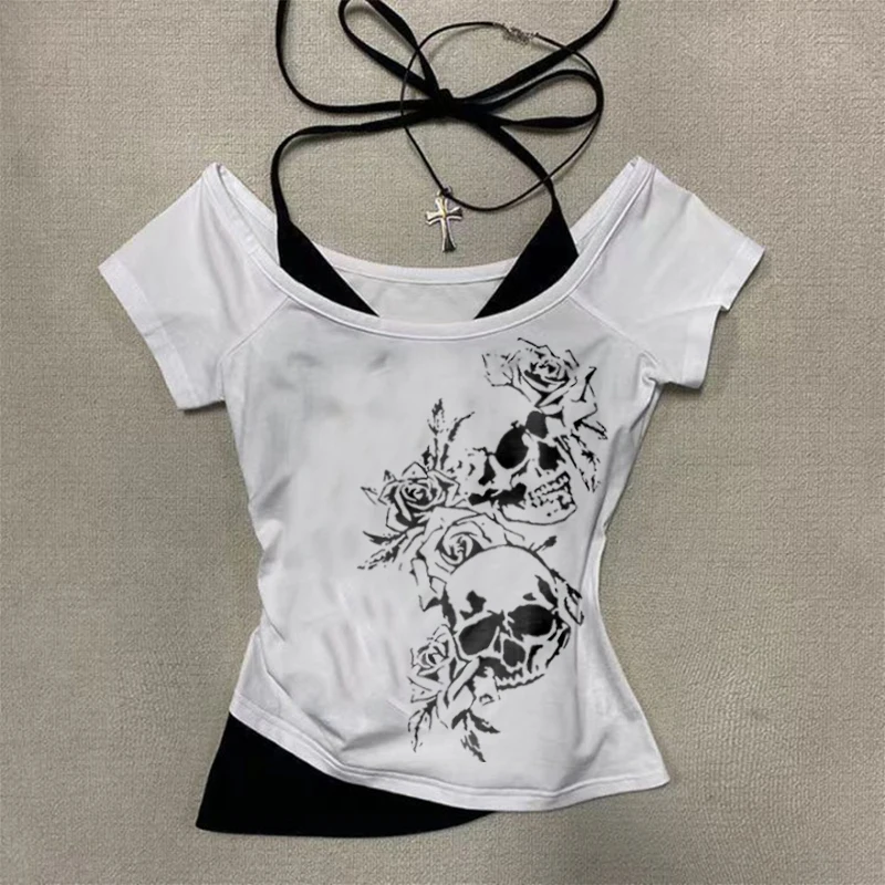 

Gothic punk-style skull print, black and white, two fake pieces, halter T-shirt, slim and sexy women's top
