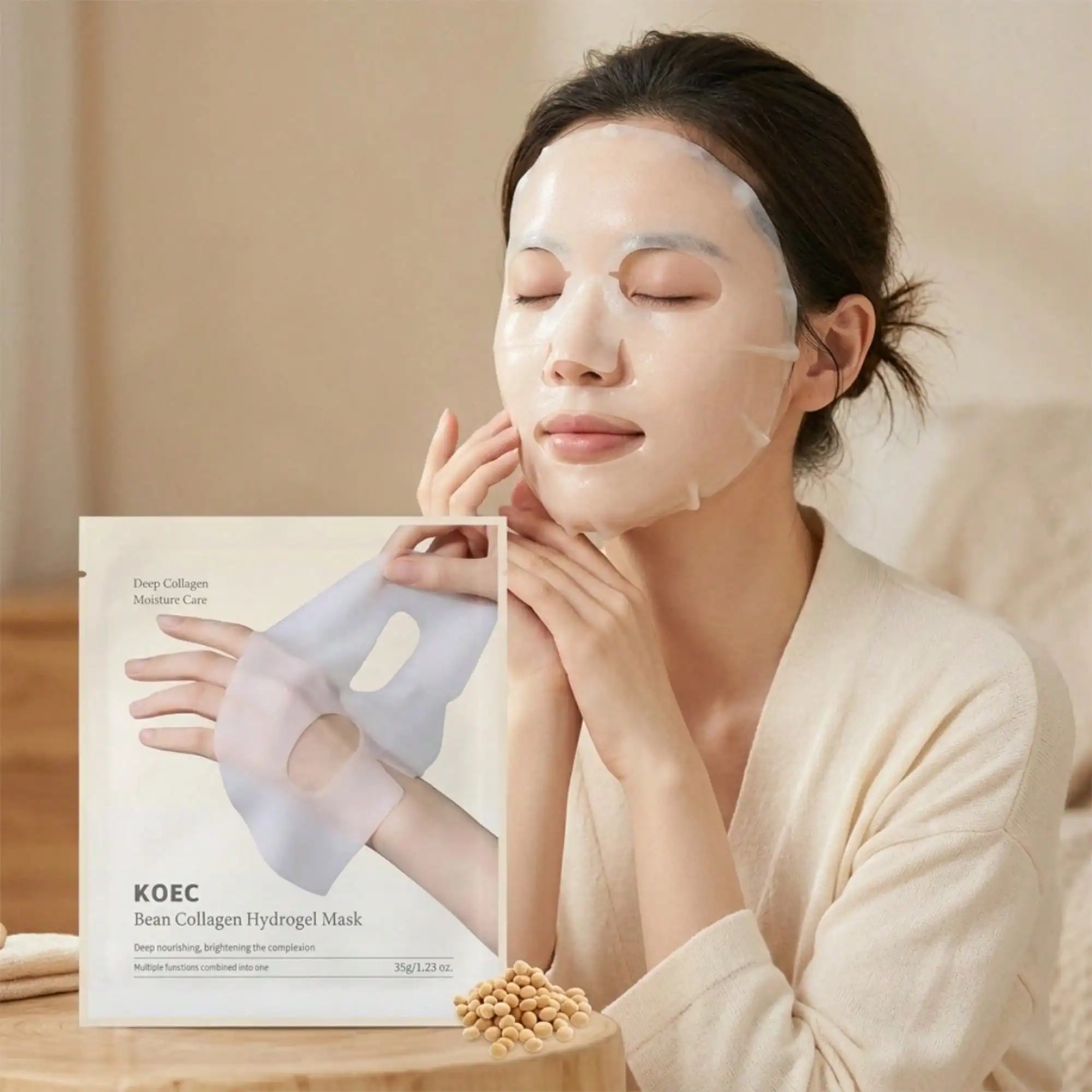 Bean Collagen Hydrogel Mask easy 4-step routine after toner and moisturizer, apply gel mask avoiding eyes and mouth, wait 15 mins then sleep to smooth fine lines and restore plump youthful skin.