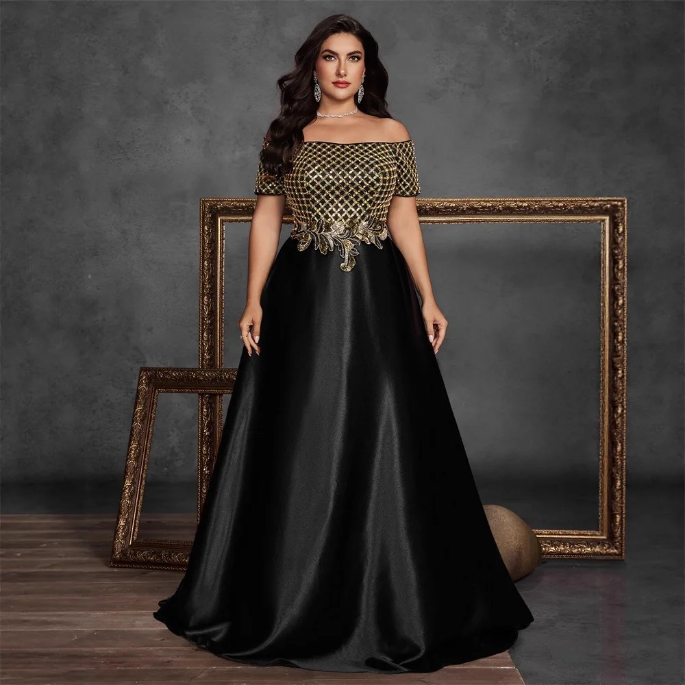Plus Size Black Gold Off Shoulder Grid Sequin Embroidered High Waist Satin A Line Floor Train Evening Mother of Bride Gown