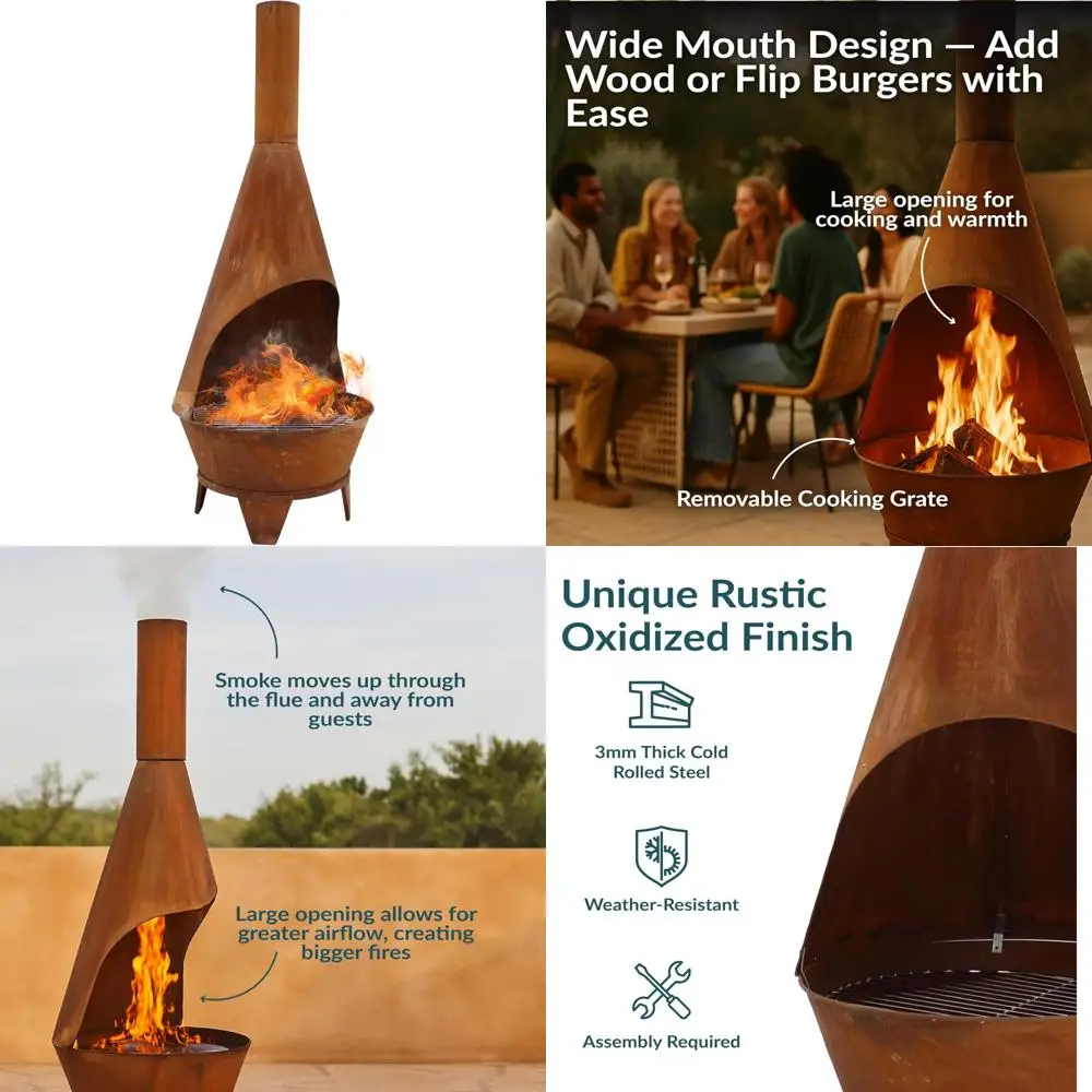 

6-Foot Rustic Outdoor Wood Fireplace with Grill - Large Chiminea Fire Pit for Backyard