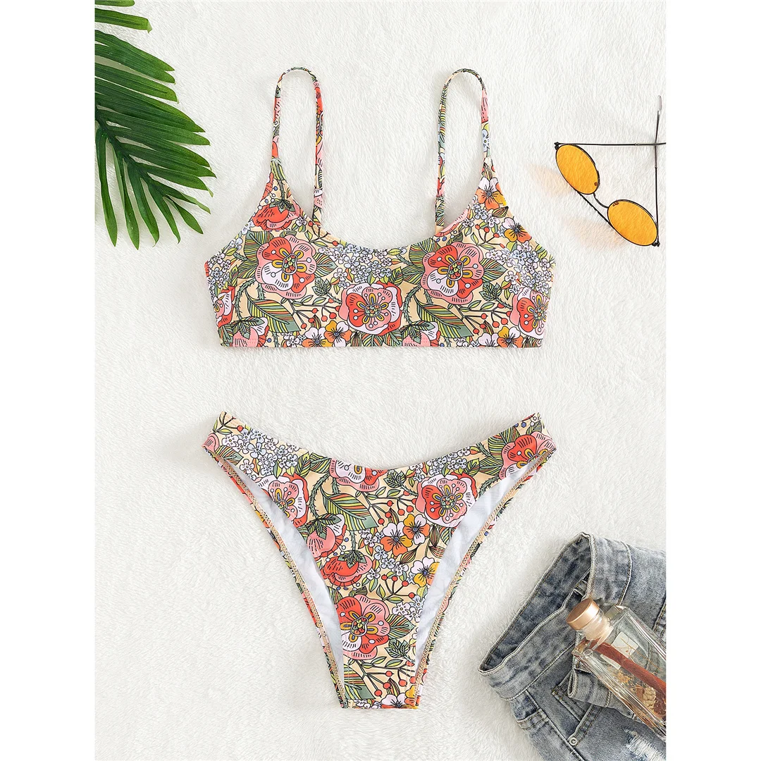 Brasilianischer Bikini mit Blumenmuster, mittelhoher Bund, Damen-Badebekleidung, zweiteiliges Bikini-Set, Badeanzug, Badebekleidung, Modell V5002. – Detail 13