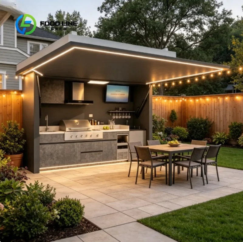 Outdoor Kitchen BBQ Island Module 6 Burners BBQ Grills With Stainless Steel Combined Sink and Fridge