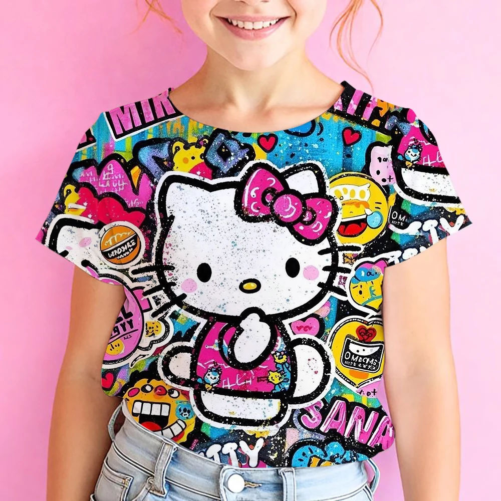 

Детская футболка с короткими рукавами Hello Kitty для девочек от 3 до 14 лет, детская спортивная футболка, повседневная одежда для мальчиков, рубашка с круглым вырезом для девочек,