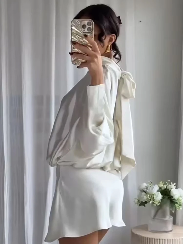 HH femme élégante Mini robe soie Satin Texture à manches longues col roulé avec écharpe solide fête mode Vintage robe Sexy Mujer