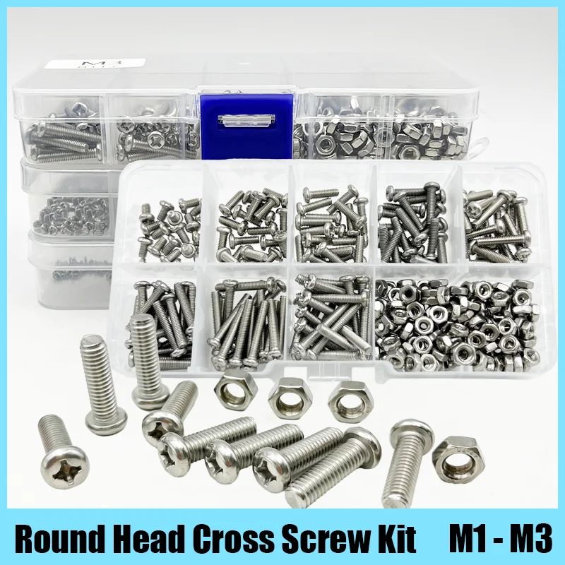 M1 M1.2 M1.6 M2 M2.5 M3 A2 Stainless steel Cross Round Head Screw Nut Set Round Pan Head Screw Bolt Phillips Small Machine Screw