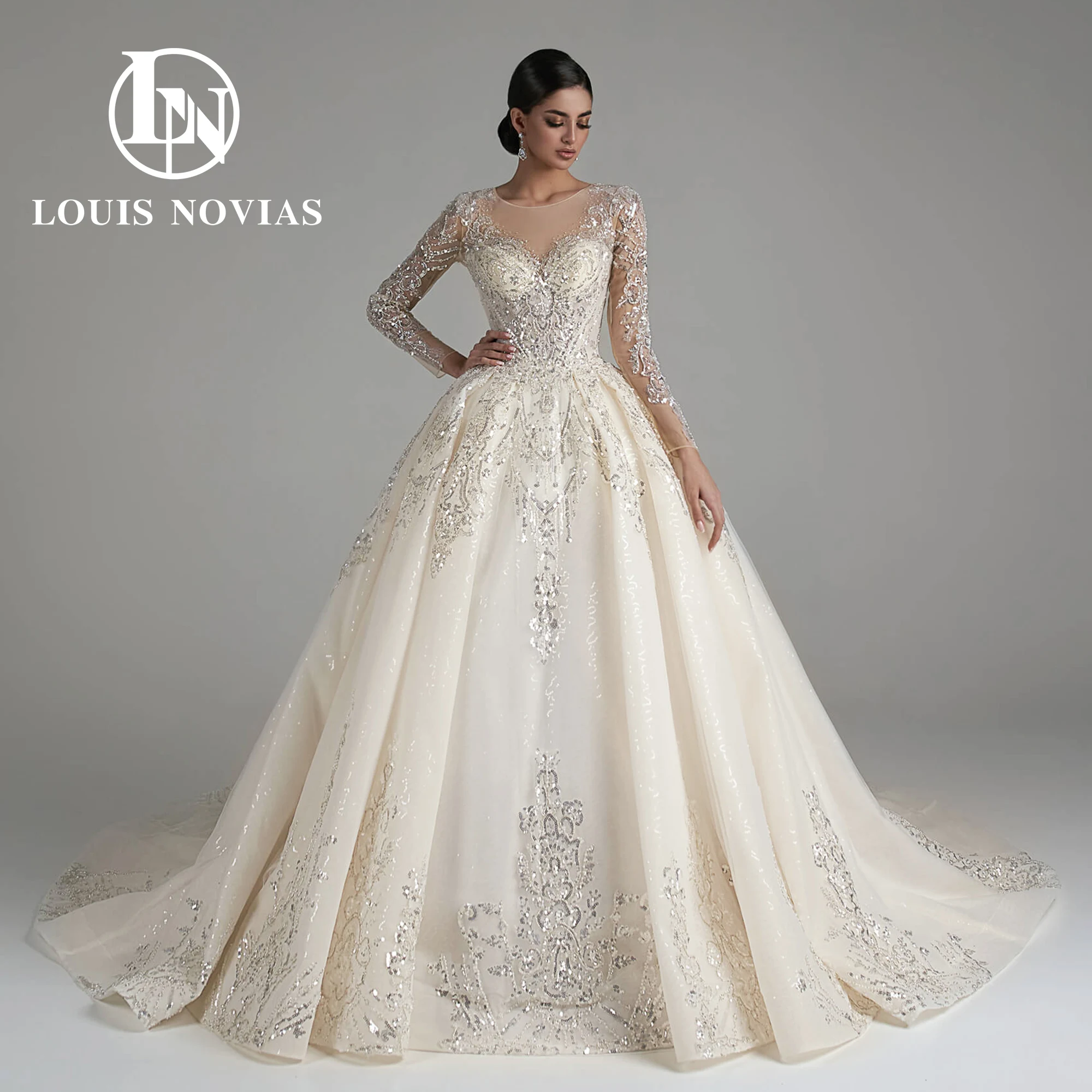 LOUIS NOVIAS Luxury Ball Gown Wedding Dresses 2023 Embroidery Beading Sequined Cathedral Train Wedding Gown Vestidos De Novia