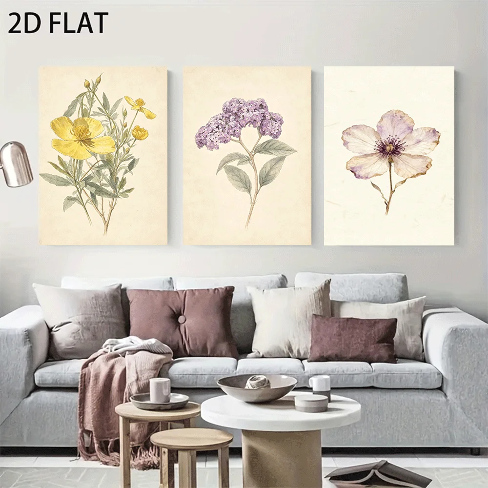 AZNM Frameless Canvas Wall Art, Vintage Botanical Yellow Purple Wildflower Print, Antique Watercolor Floral Wall Decor for Livin