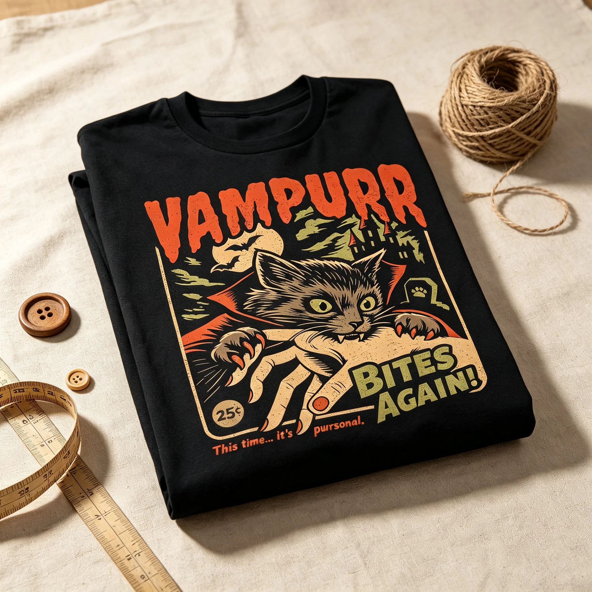 Vampurr Bites Again Halloween T-Shirt, Retro Vintage Vampirkatzen-Grafik-T-Shirt, Gruseliges Horror-Fledermaus-Schloss Sarkastisches Herbst-Herren-Shirt – Detail 5