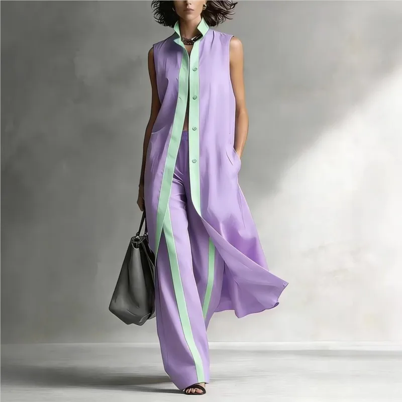 

2026 Summer New Loose Fashion Casual Contrast Color SuitWomen's Two-piece Sleeveless Stand-up Collar Vest Cardigan Trousers