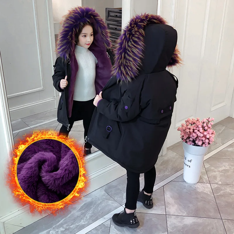 -30 Degrees New Children Winter Jacket Girl Plus Velvet Parkas Kids Warm Thick Faux Fur Coat Teen Black Hooded Outerwear 6 8 10Y