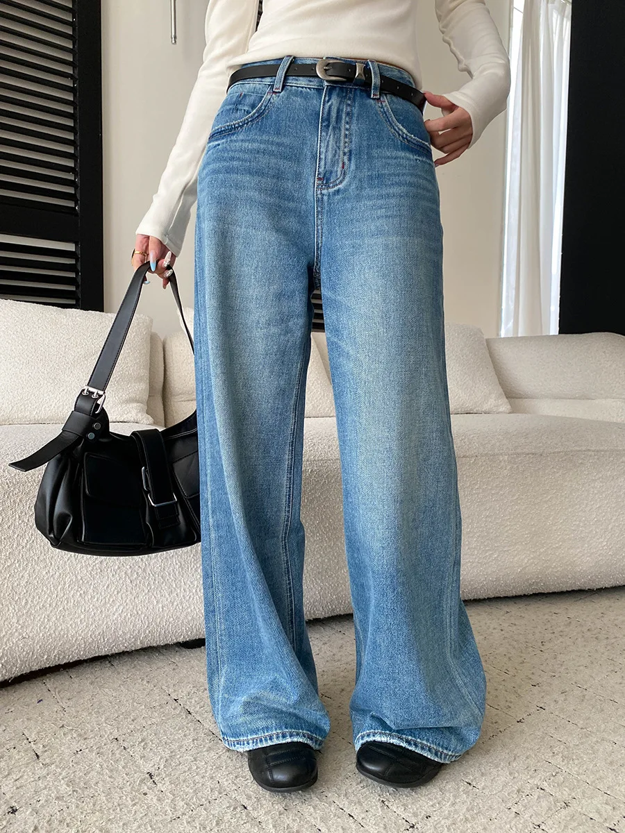 Autumn women's casual solid color cat whisker washed blue fashionable high waisted loose wide leg mopping jeans