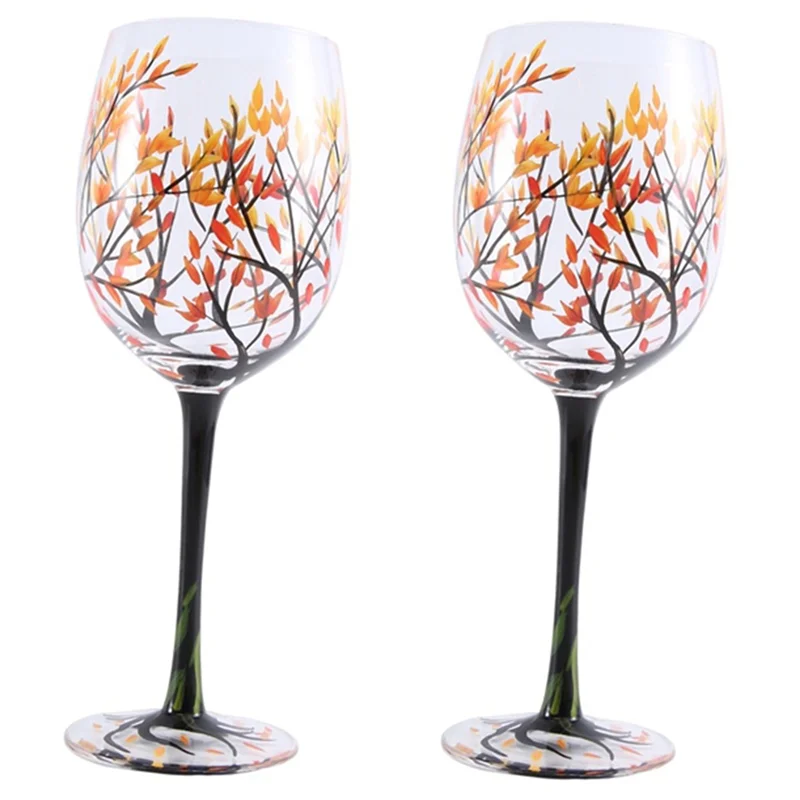 2Pcs Autumn Tree Wine Glass - Fall Colors - Leaves of Red, Yellow, Orange - Hand Painted - Fall Leaf