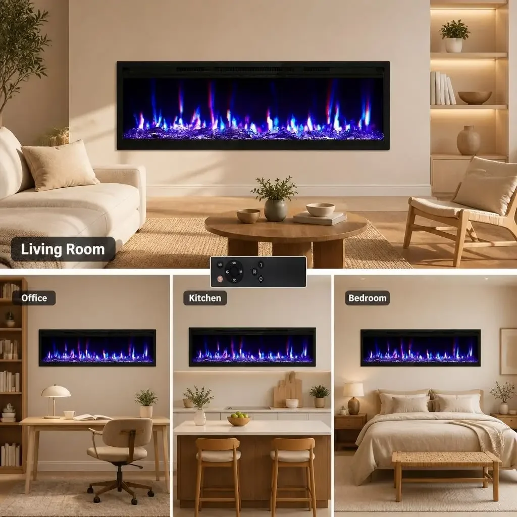 42Inch Electric Fireplace For Living Room Multi-color Fake Flame Electronic For Living Room Multi-color Fake Flame Electronic Recessed and Wall Mounted Heater Adjustable Brightness and 0.5-9H Timer