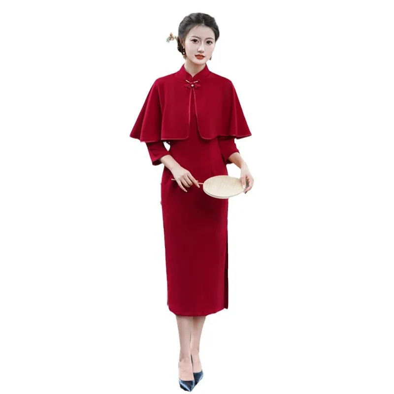 Red Shawl Cheongsam Qi Pao Suit Winter New Retro National Style Women's Back Home Chinese